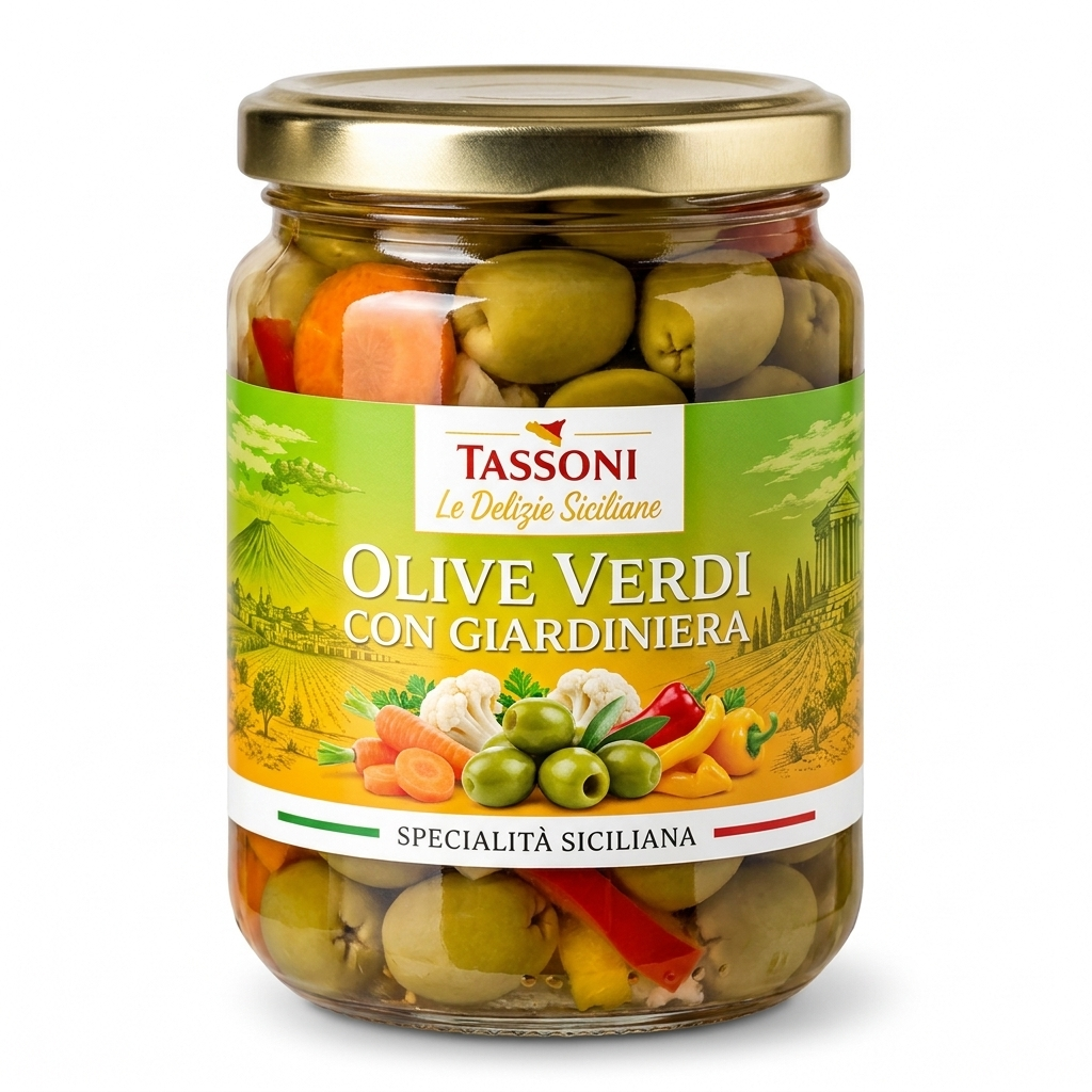 Grüne Oliven mit Giardiniera – Sizilianische Spezialität
