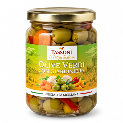 Grüne Oliven mit Giardiniera – Sizilianische Spezialität